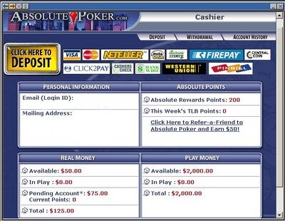 Absolute Poker Cashier Screen Shot, Click to Download